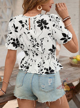 Retro Floral Printed Bubble Sleeve Top