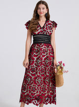 Deep V-neck Embroidered Solid Color Dress