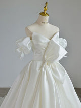 White Satin Strapless Bow Wedding Dress