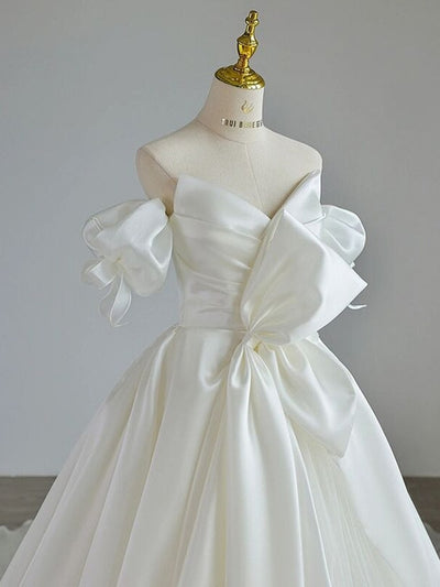 White Satin Strapless Bow Wedding Dress