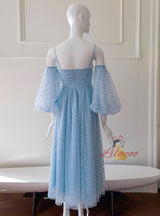 Blue Tulle Pleats Straps Prom Dress