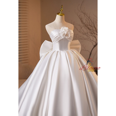 White Satin Strapless Bow Pleats Flower Wedding Dress