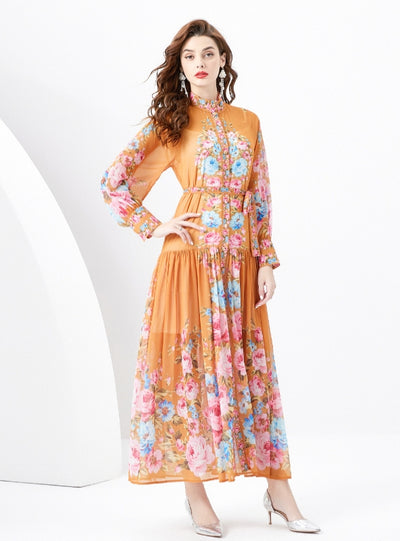 Lantern Long Sleeve Slim Printed Dress