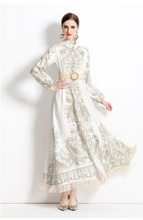 Retro Printed Long Sleeve Fringed Dress