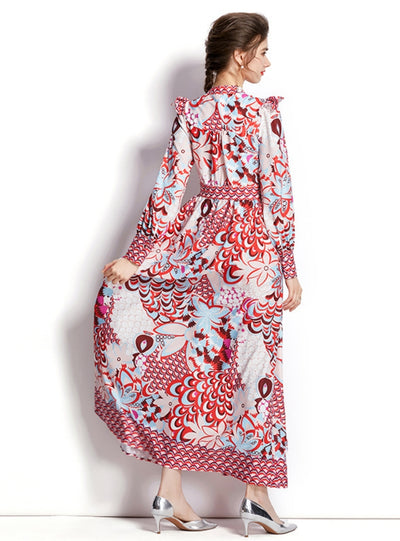 V-neck Retro Palace Style Long Sleeve Printed Dress