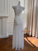 White Tulle Strapless Pleats Prom Dress