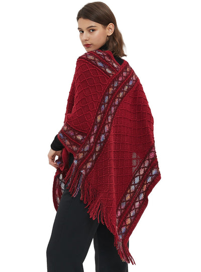 Folk Style Knitted Pullover Cloak Shawl
