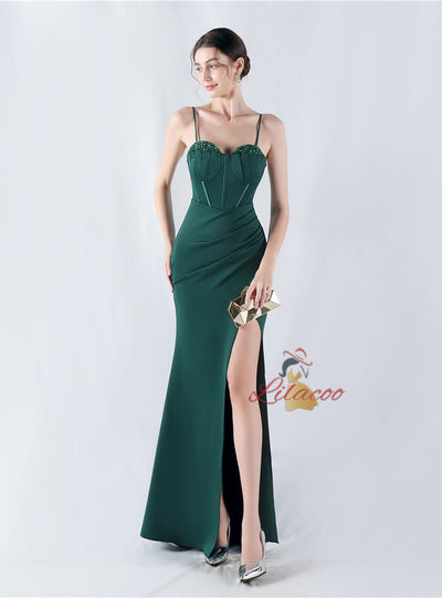 Mermaid Spaghetti Straps Pleats Beading Prom Dress