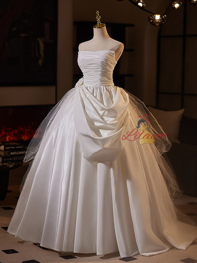 White Satin Strapless Pleats Wedding Dress