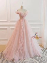 Pink Tulle Off the Shoulder Beading Prom Dress