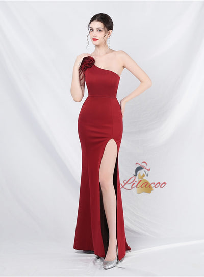 One Shoulder Mermaid Split Beading Prom Dress