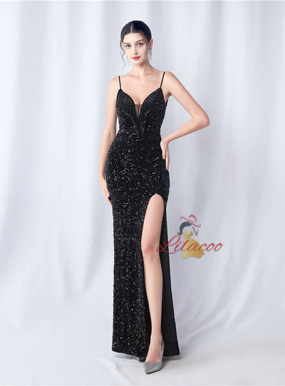 Spaghetti Straps Sequins Beading Prom Dress