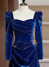 Burgundy Velvet Long Sleeve Pleats Prom Dress