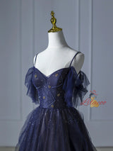 Blue Gradient Tulle Sequins Straps Beading Prom Dress
