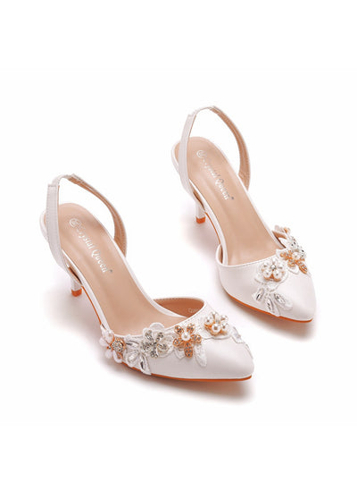 Shallow White Lace Beaded Stiletto Sandals