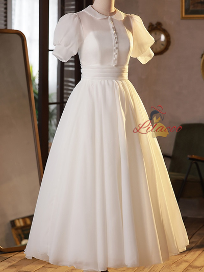 Simple White Tulle Short Sleeve Button Wedding Dress