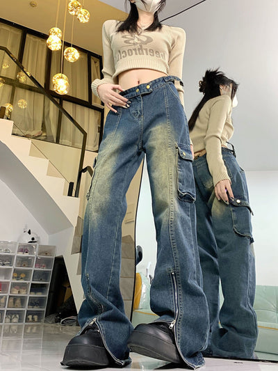 Retro Pocket Straight Loose Wide-leg Jeans