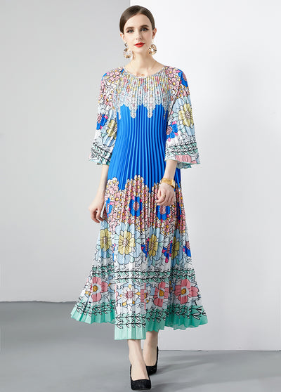 Folding Print Short Sleeve Long Dress
