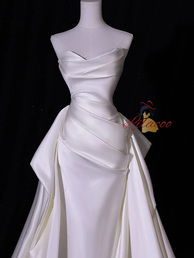 White Mermaid Satin Pleats Strapless Wedding Dress