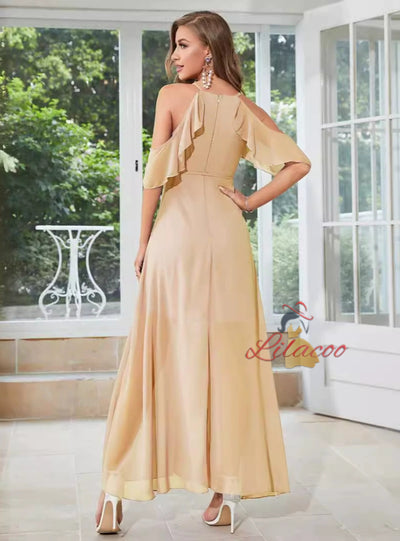 Apricot Chiffon Straps Split Prom Dress