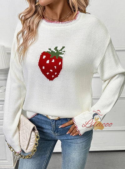 Women Strawberry Jacquard Sweater