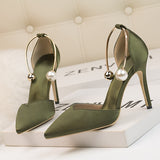 Shallow-mouthed Satin Hollow Pointed Metal Sandals