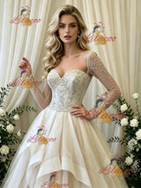 Ivory Tulle Long Sleeve Beading Wedding Dress