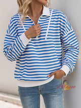 Long Sleeve Striped Loose Polo Neck Top
