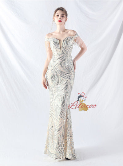 Mermaid Sequins Off the Shoulder Beading Prom Dress