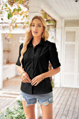 Casual Loose V-neck Solid Color Pleated Shirt
