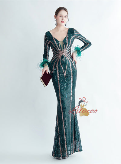 Long Sleeve Mermaid V-neck Sequins Prom Dress