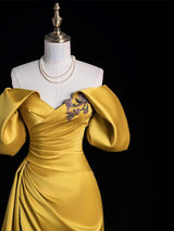 Yellow Satin Pleats Beading Prom Dress