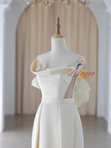 Ivory Satin Strapless Flower Wedding Dress