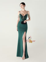 White Mermaid Spaghetti Straps Appliques Beading Prom Dress