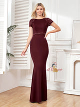 Burgundy Mermaid Short Sleeve Prom Dress