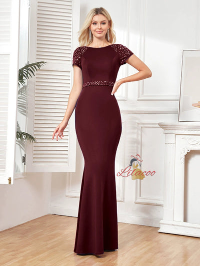 Burgundy Mermaid Short Sleeve Prom Dress