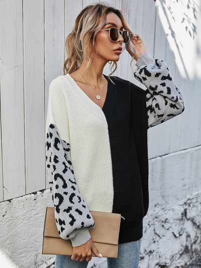 Loose V-neck Splicing Leopard Print Pullover Sweater