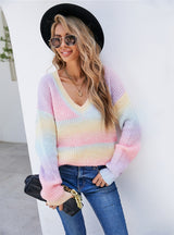 Rainbow Stitching Tie-dyed V-neck Pullover Sweater