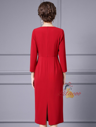 Red Long Sleeve V-neck Mother Of The Bride Dress