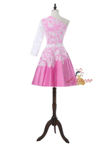Pink Satin Lace One Shoulder Homecoming Dress