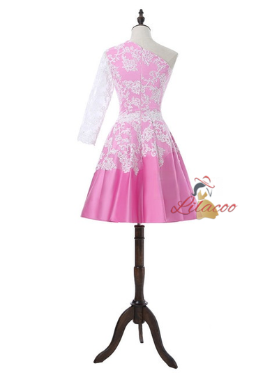 Pink Satin Lace One Shoulder Homecoming Dress