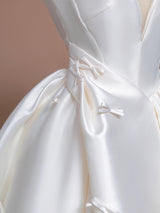 Simple Ivory White Satin Strapless Bow Wedding Dress