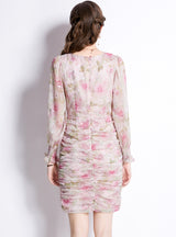 V-neck Ruffled Long-sleeved Floral Chiffon Dress