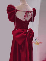 Burgundy Satin Short Sleeve Bow Prom Dress