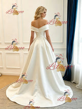 Ivory Satin Off the Shoulder Pleats Wedding Dress