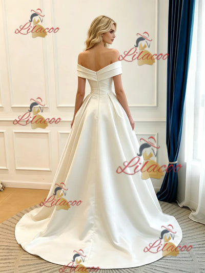 Ivory Satin Off the Shoulder Pleats Wedding Dress