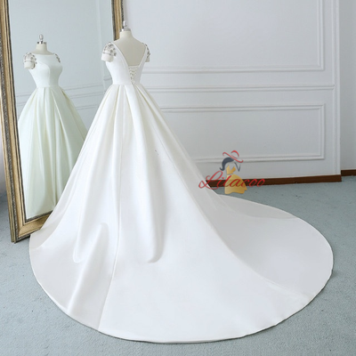 White Short Sleeve Satin Backless Wedding Dress