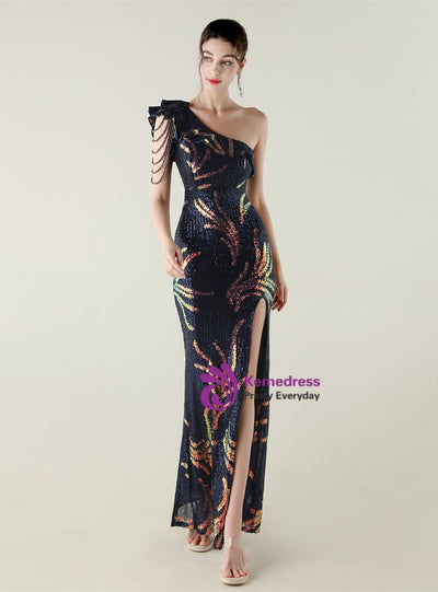 Black Mermaid Sequins One Shoulder Beading Prom Dress