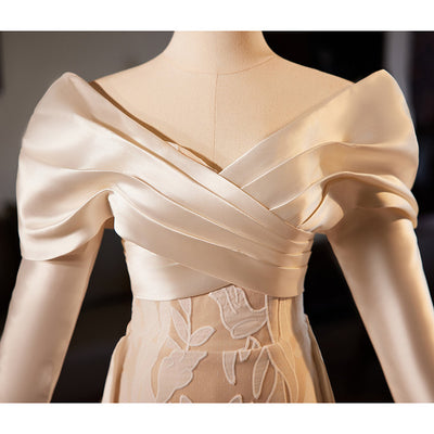 Champagne Satin Mermaid Long Sleeve Wedding Dress