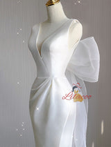 White Satin V-neck Backless Split Wedding Dress